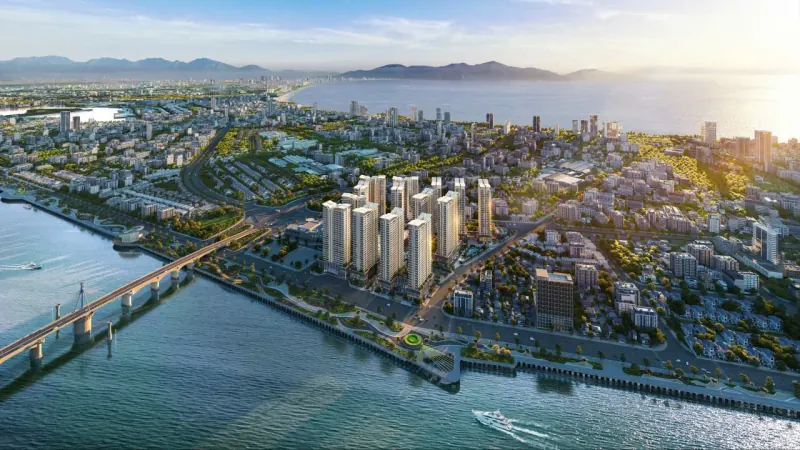 Phối cảnh khu đô thị nhìn từ trên cao, sông Hàn và biển phía xa