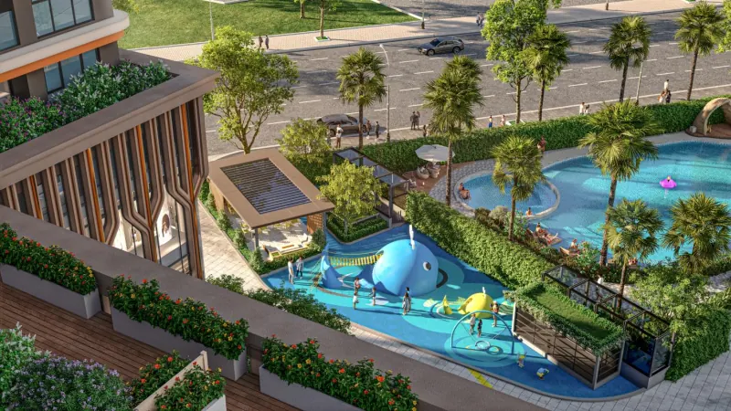 Sky garden và hồ bơi trên khối đế