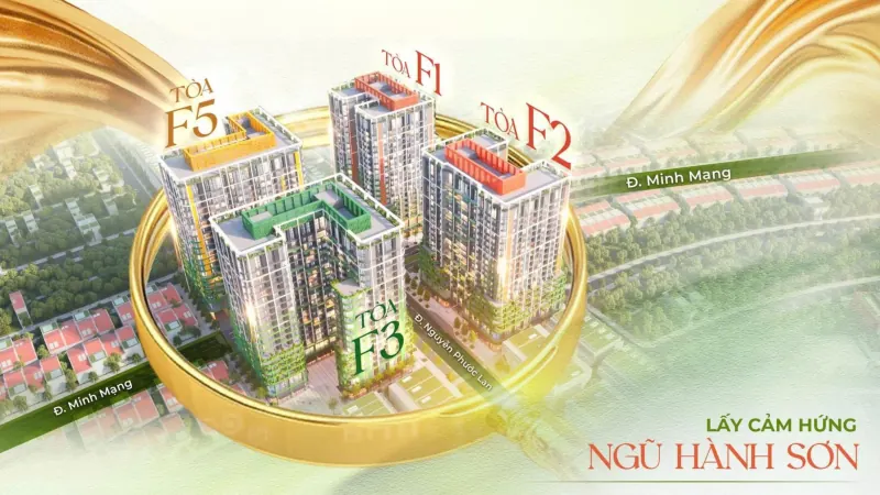 Phối cảnh bốn toà F1, F2, F3, F5 kèm cây biểu tượng và mùa tương ứng của từng toà