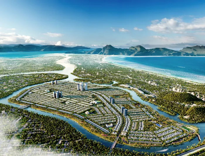 Toàn cảnh khu đô thị Sun Riverpolis nhìn từ trên cao, bốn mặt giáp sông