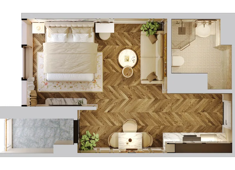 Mặt bằng 3D căn hộ mẫu 1 phòng ngủ