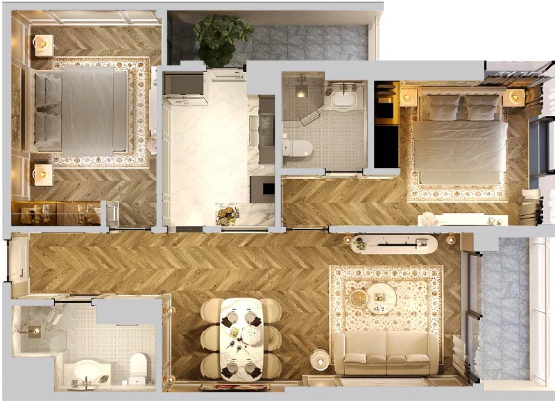 Mặt bằng 3D căn hộ mẫu 2 phòng ngủ