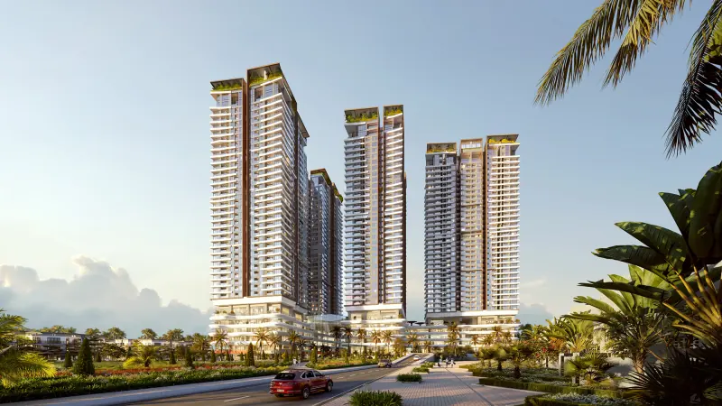 Phối cảnh ba toà tháp Newtown Diamond với hàng dừa phía trước