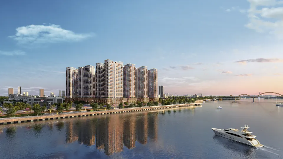 Phối cảnh Capital Square: dãy toà căn hộ phản chiếu trên mặt sông