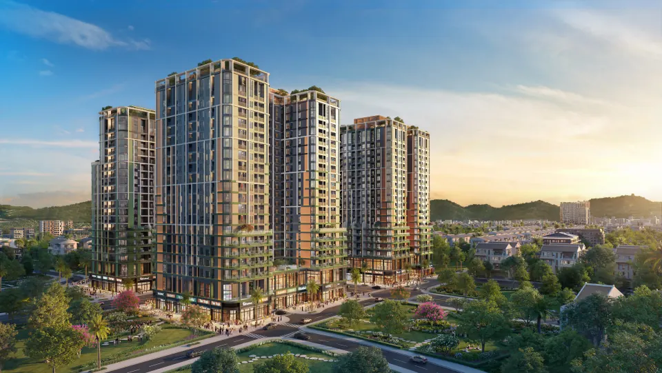 Phối cảnh Fours Tower: bốn toà căn hộ giữa cây xanh và núi