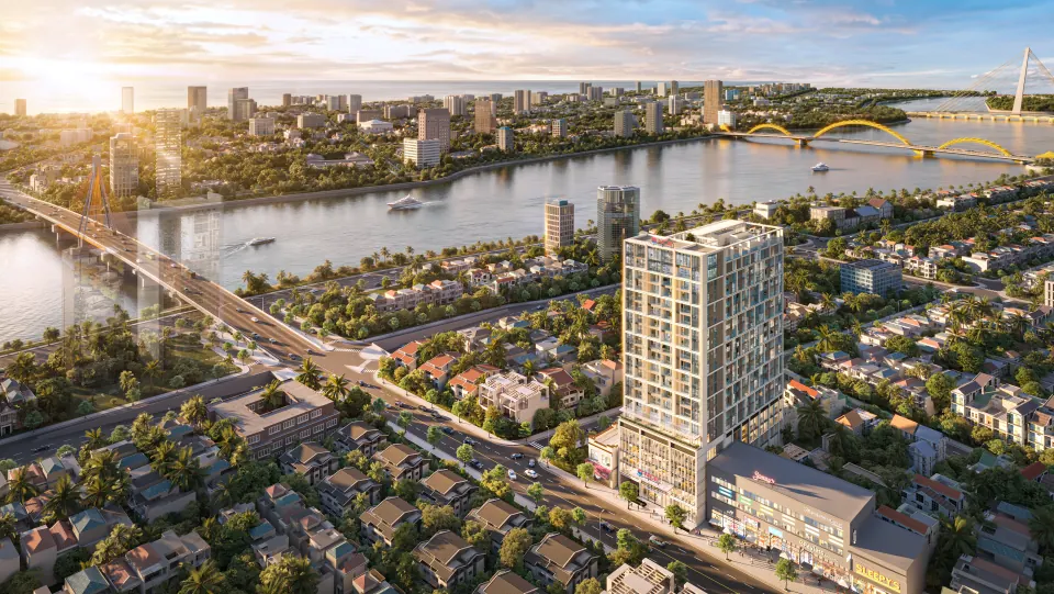Phối cảnh Sun Solar Residence: toà tháp ven sông Hàn, phía xa là cầu Rồng