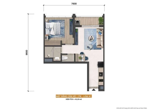 Layout căn hộ 1 phòng ngủ cộng Sun Saphia