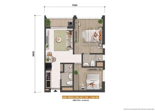 Layout căn hộ 2 phòng ngủ 61.6m² Sun Saphia