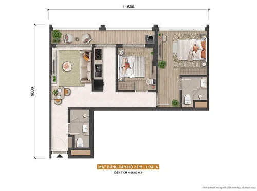 Layout căn hộ 2 phòng ngủ góc 68.6m² Sun Saphia