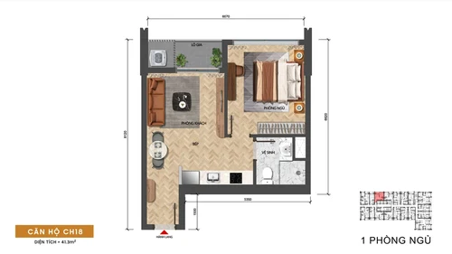 Mặt bằng căn 1 phòng ngủ Sun Solar Residence
