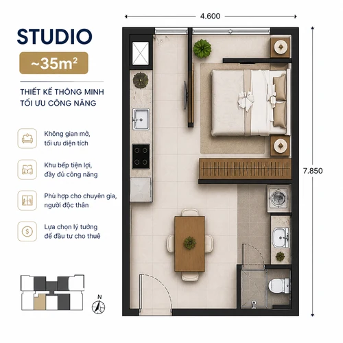 Layout căn hộ 1 phòng ngủ cộng Sun Symphony 5