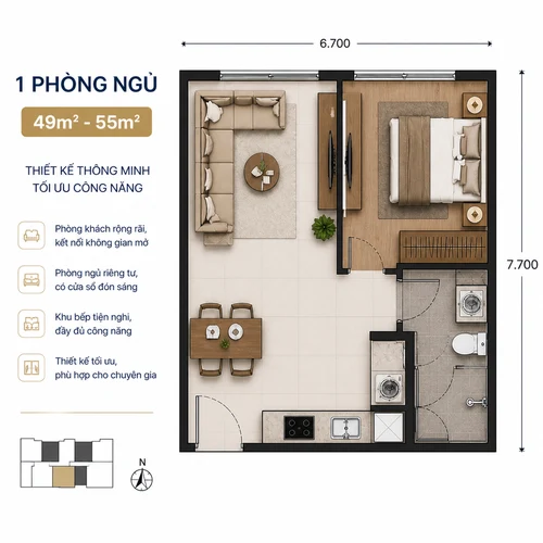 Layout căn hộ 2 phòng ngủ Sun Symphony 5